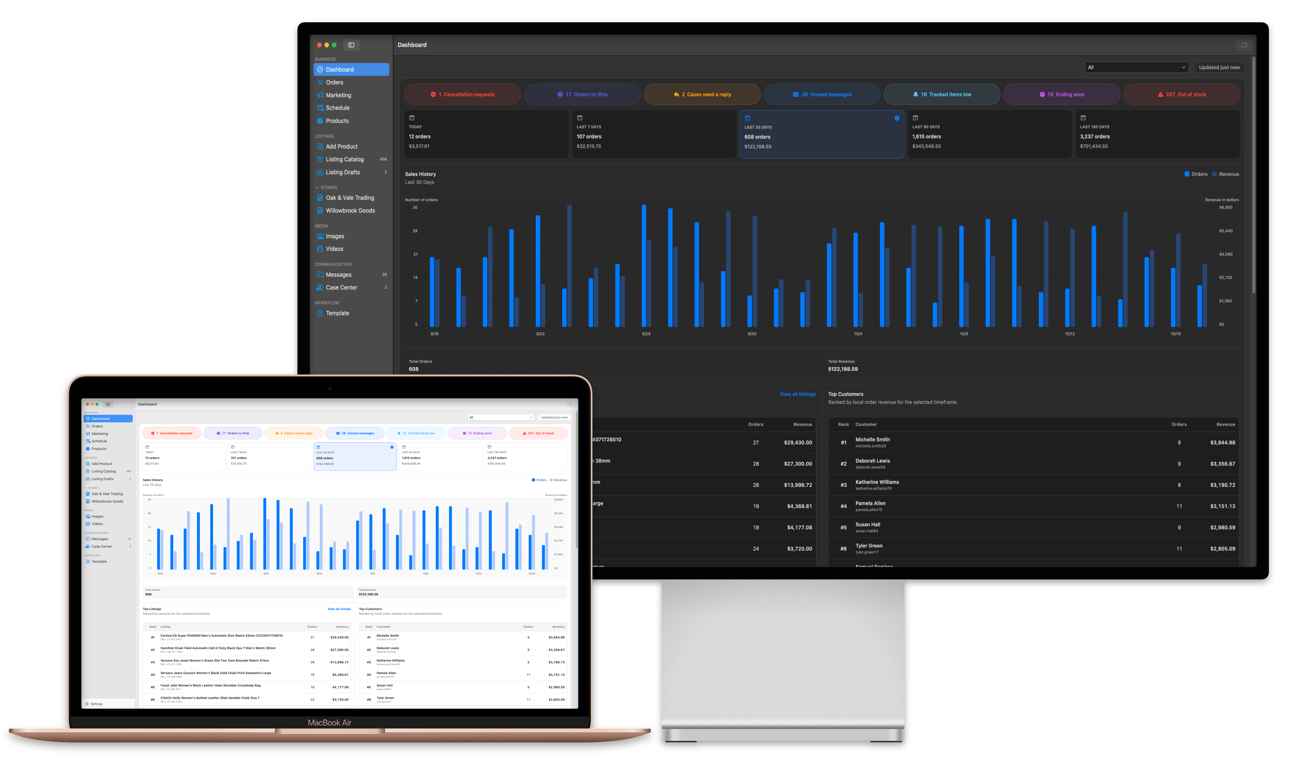 SellerHint dashboards in dark and light appearance on a desktop display and MacBook Air.