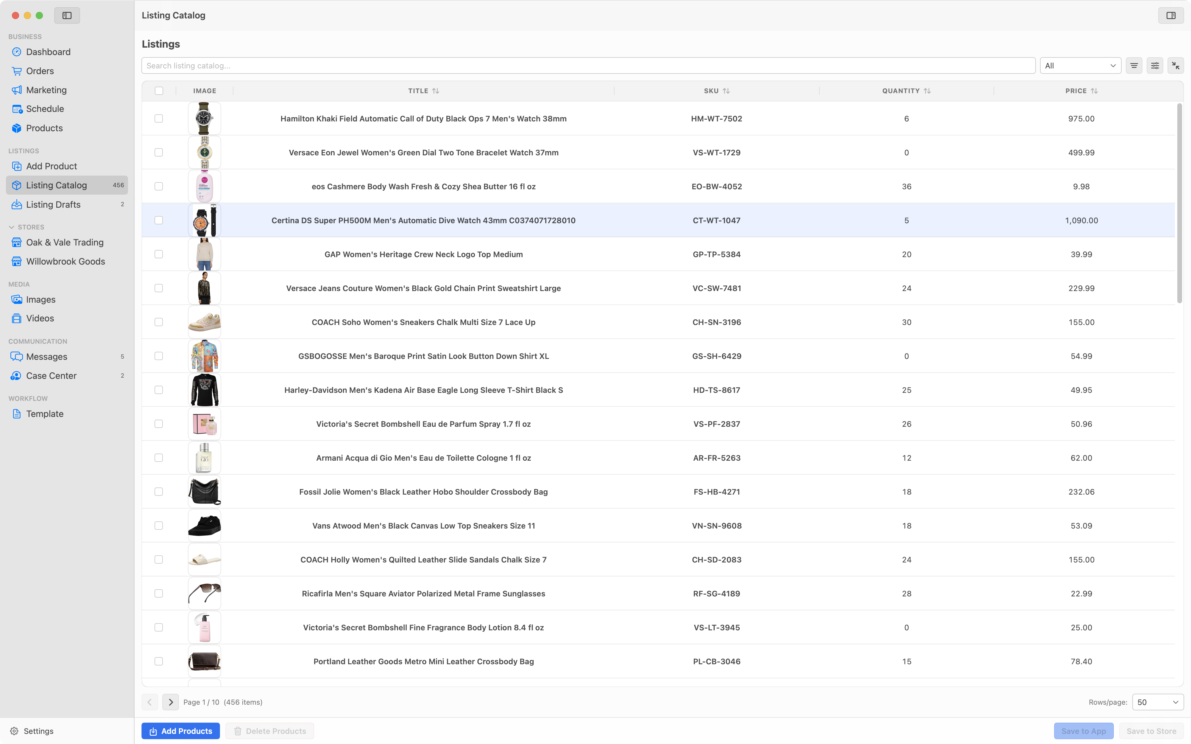 The Listing Catalog window with search, filters and a table of product records.