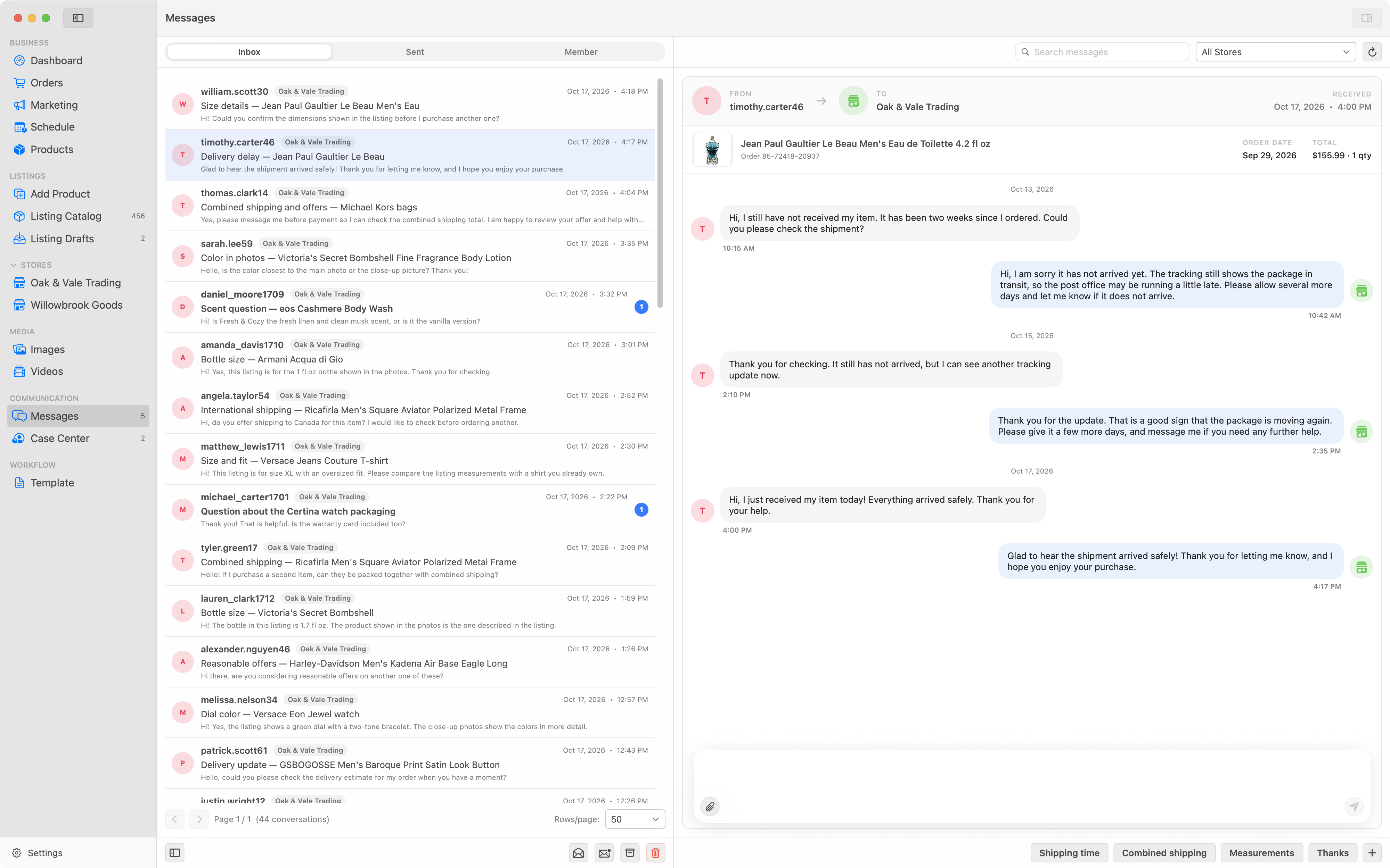 The SellerHint Messages workspace with All Stores selected, a conversation list and a buyer message thread.