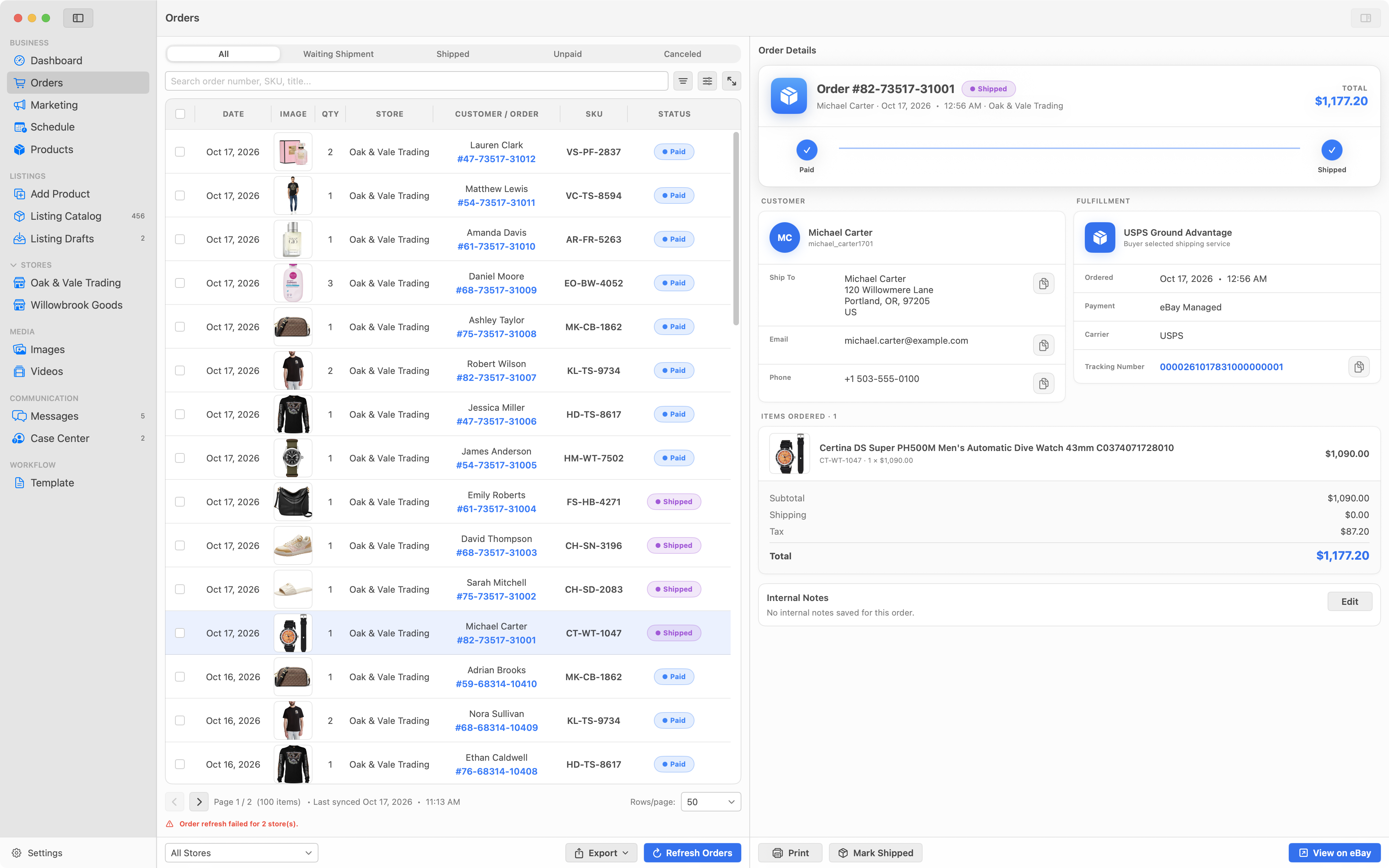 The Orders workspace with all stores selected, an order list and the selected order’s details.