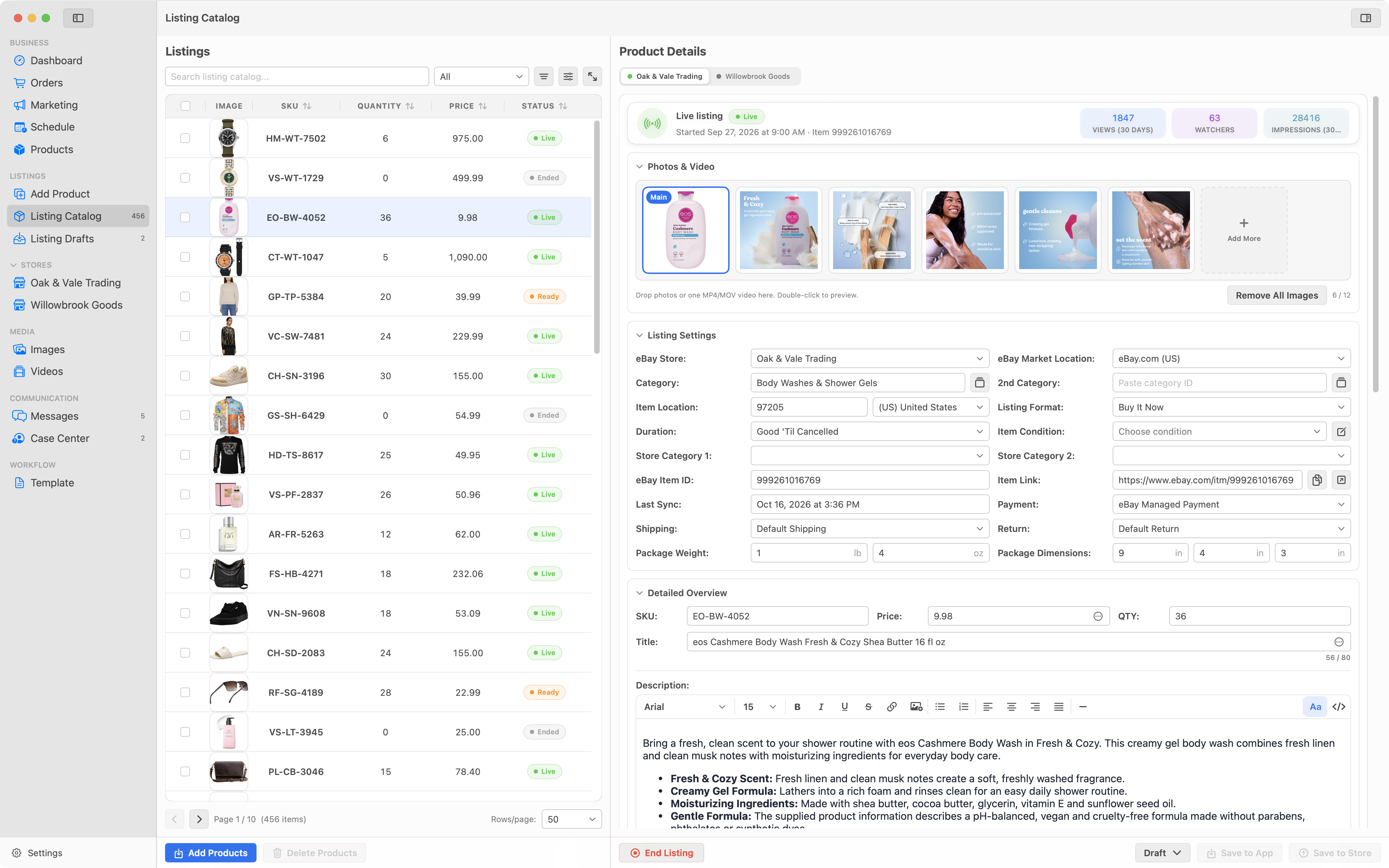 The Product Details window with store tabs, images and listing fields.