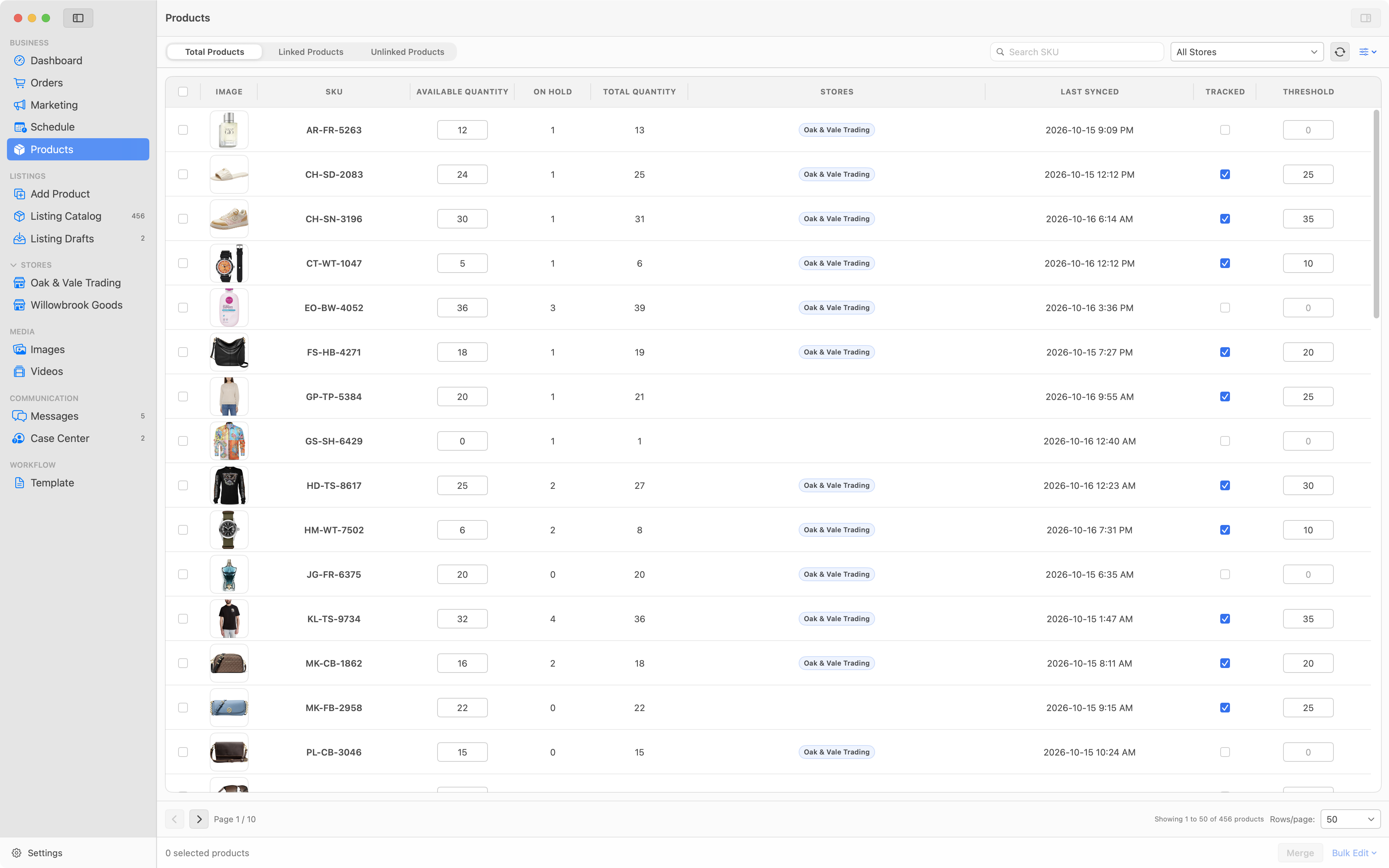 The Products workspace with all stores selected, showing available, on-hold and total quantities, store links and inventory tracking thresholds.