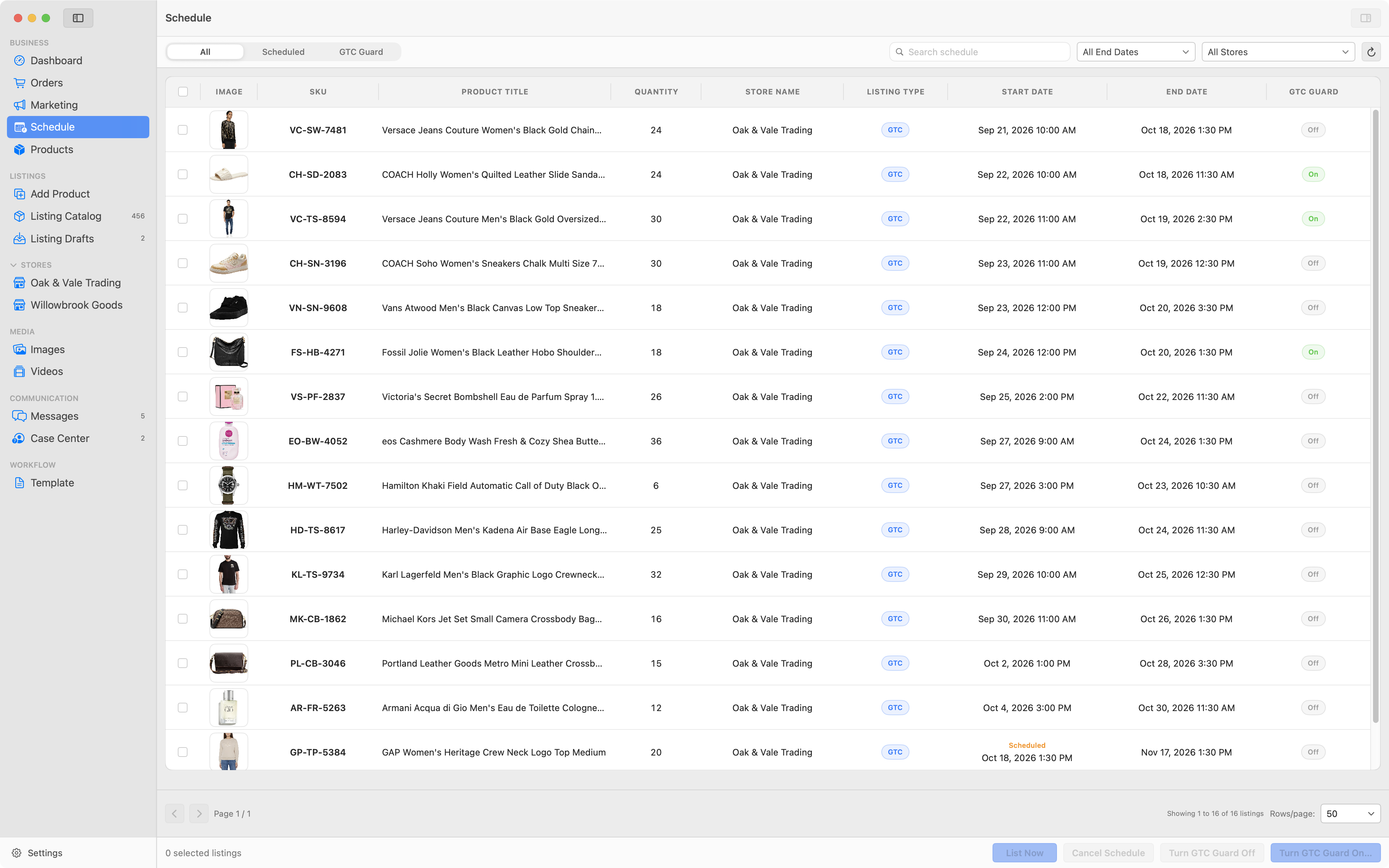 The Schedule window showing scheduled listings and listings ending soon.